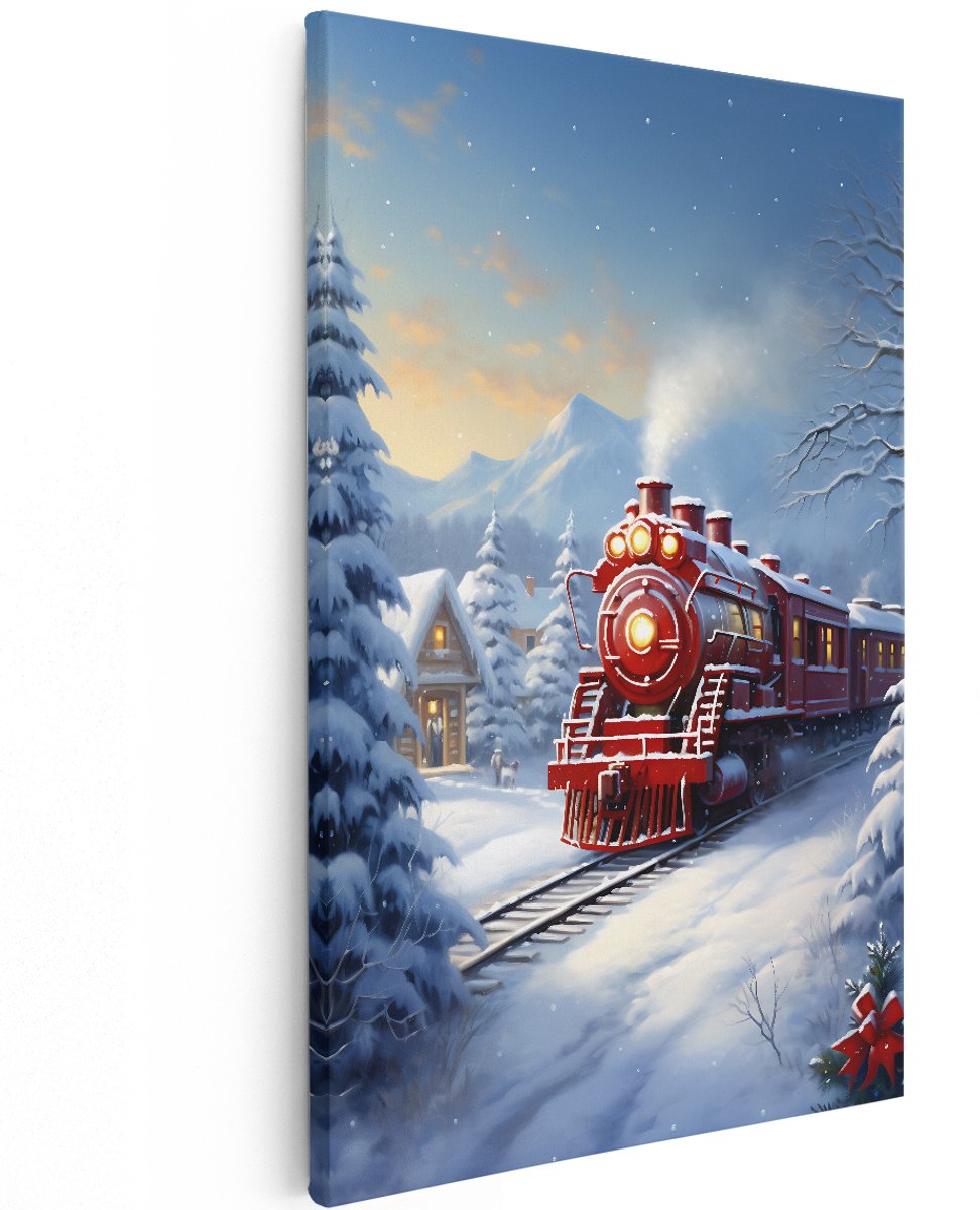 Artaza Canvas Schilderij Rode Locomotief Trein in het Winter Bos - Kerst - 120x180 cm - Groot - Foto Op Canvas - Wanddecoratie