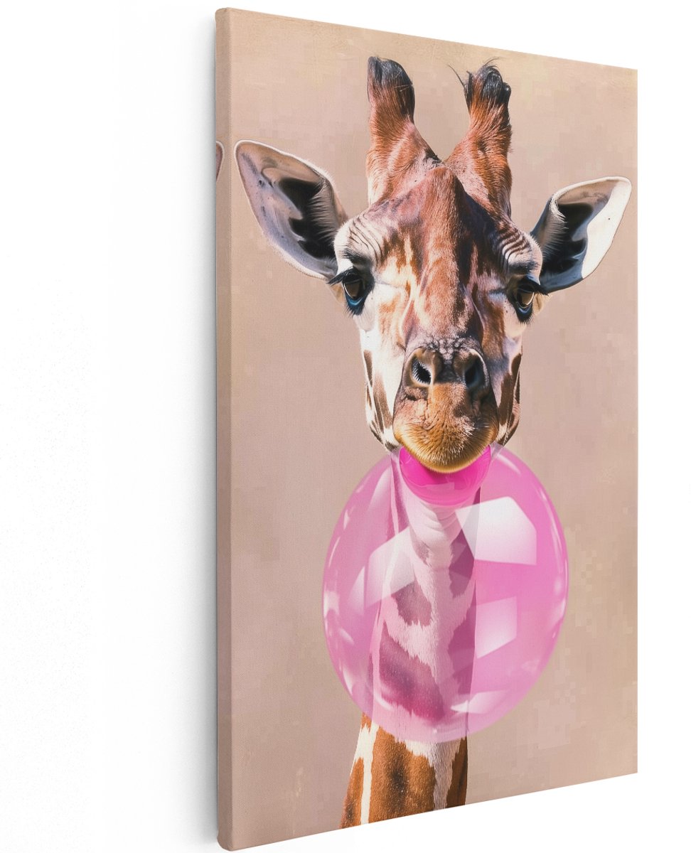 Artaza Canvas Schilderij Giraf met een Roze Ballon - Dieren - 120x180 cm - Groot - Wanddecoratie Woonkamer - Schilderijen - Muurdecoratie