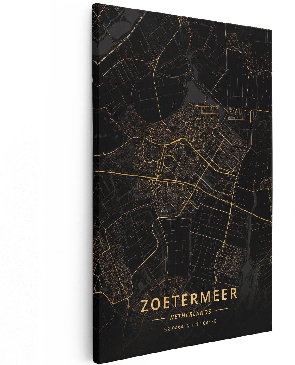 Artaza Canvas Schilderij Zoetermeer Stadskaart in het Zwart Goud - 120x180 cm - Groot - Muurdecoratie - Canvas Print