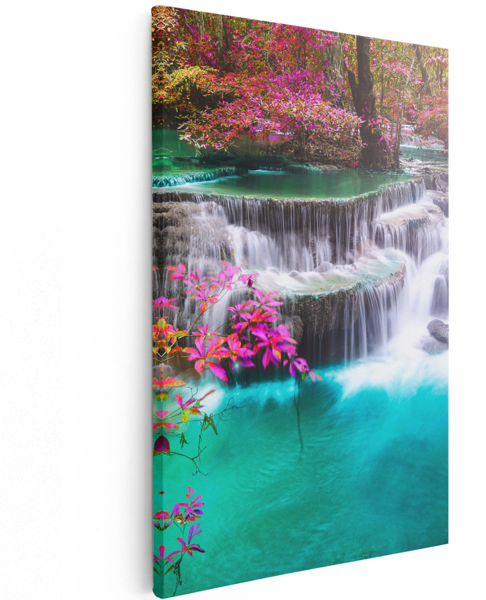 Artaza Canvas Schilderij Waterval In De Herfst Met Kleurrijke Bloemen - 120x180 cm - Groot - Wanddecoratie Woonkamer - Schilderijen - Muurdecoratie