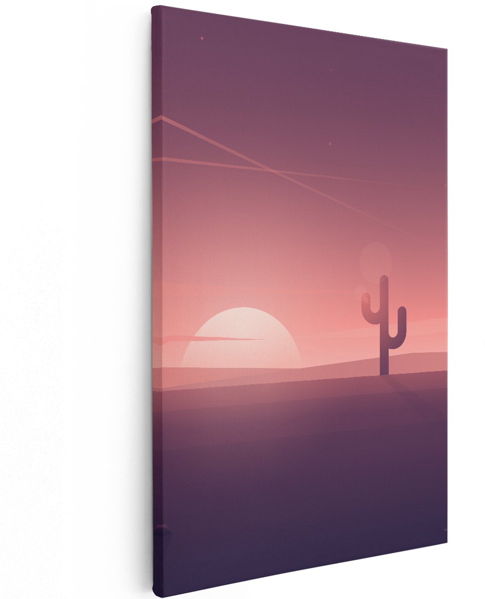 Artaza Canvas Schilderij Zonsondergang In De Woestijn Met Een Cactus - 120x180 cm - Groot - Wanddecoratie Woonkamer - Schilderijen - Muurdecoratie