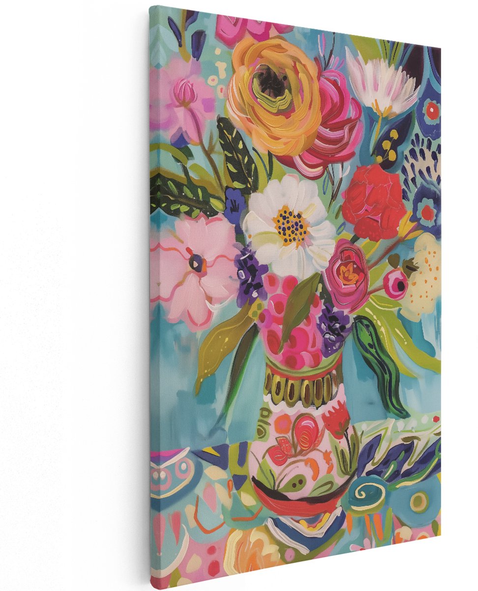 Artaza Canvas Schilderij Kleurrijke Bloemen in een Vaas - Bloemen - 120x180 cm - Groot - Wanddecoratie Woonkamer - Schilderijen - Muurdecoratie