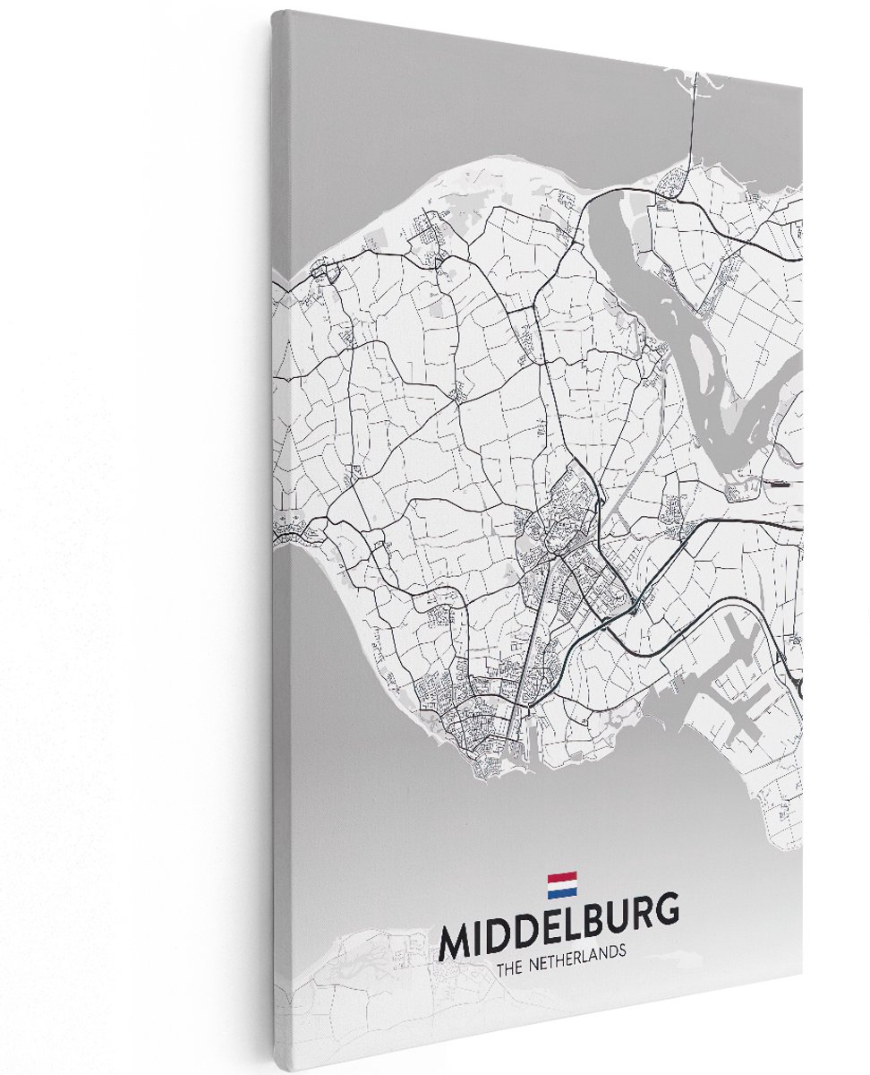 Artaza Canvas Schilderij Stadskaart Middelburg in het Wit - 120x180 cm - Groot - Muurdecoratie - Canvas Print