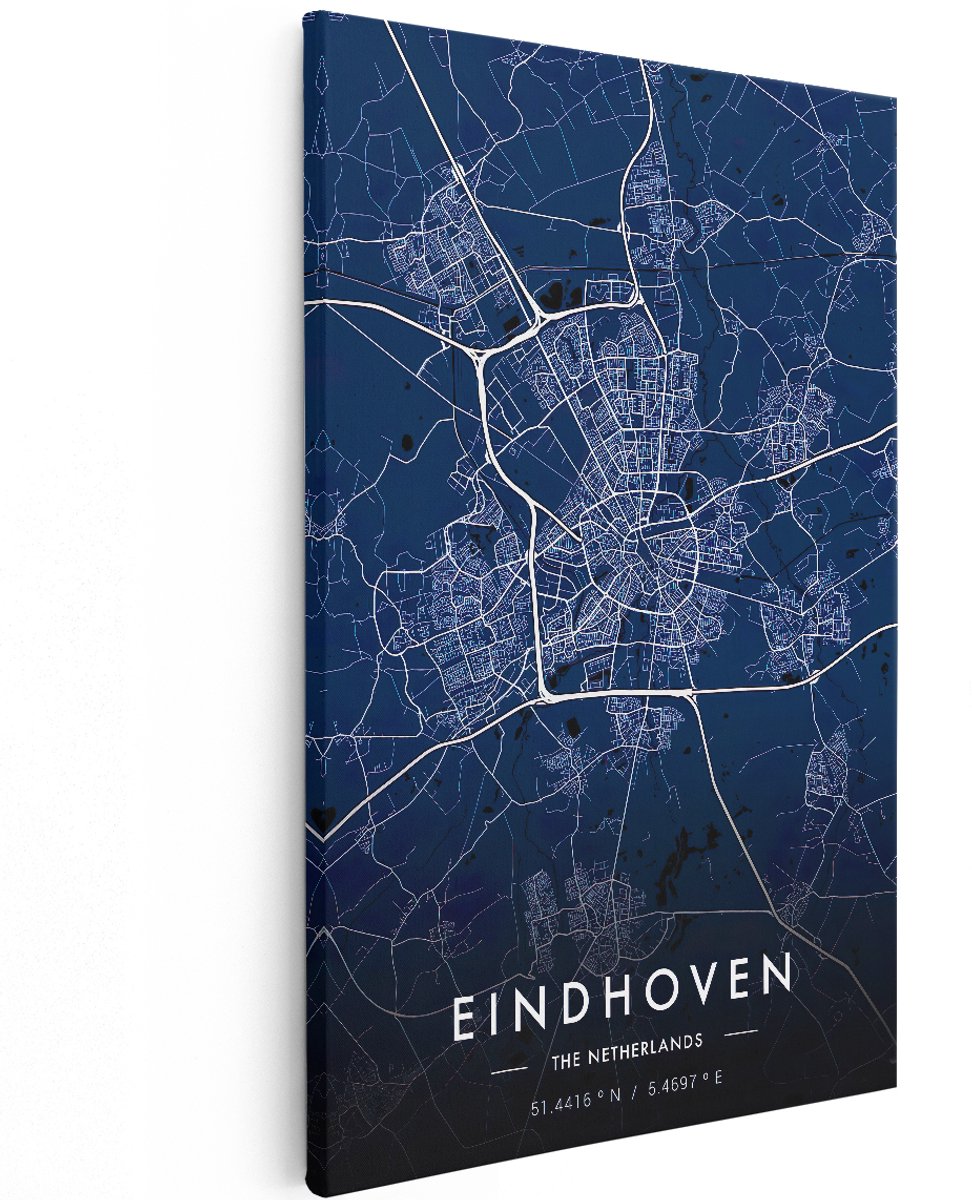 Artaza Canvas Schilderij Stadskaart Eindhoven in het Blauw - 120x180 cm - Groot - Muurdecoratie - Canvas Print