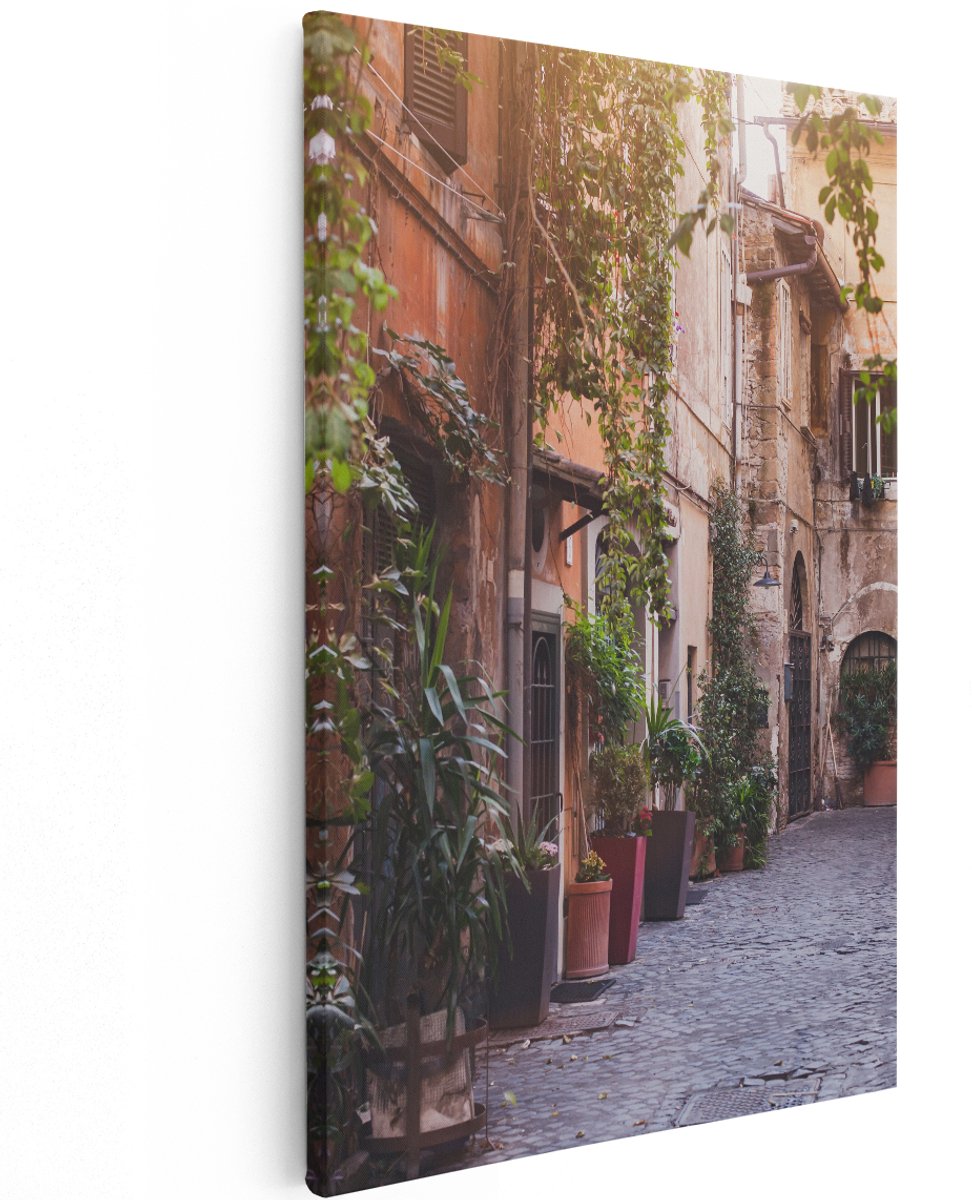Artaza Canvas Schilderij Straatje in Rome met Groene Planten - 120x180 cm - Groot - Wanddecoratie Woonkamer - Schilderijen - Muurdecoratie