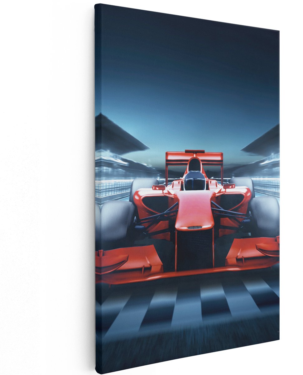 Artaza Canvas Schilderij Formule 1 Auto bij de Finish - Rood - 120x180 cm - Groot - Wanddecoratie Woonkamer - Schilderijen - Muurdecoratie