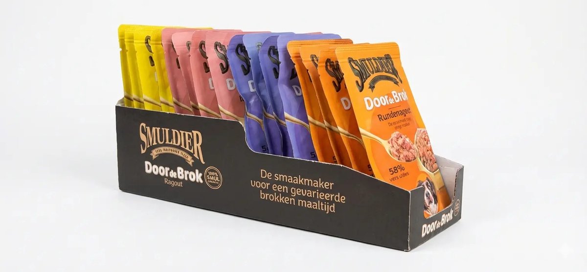 Smuldier Door de Brok Variatiebox 16 stuks - Dé Natvoer Smaakmaker voor Kieskeurige Eters - 4 Smaken.