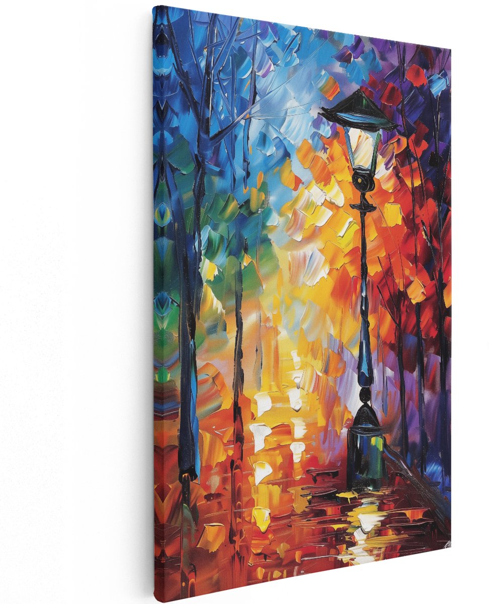Artaza Canvas Schilderij Straatlantaarn in de Regen - 120x180 cm - Groot - Wanddecoratie Woonkamer - Schilderijen - Muurdecoratie