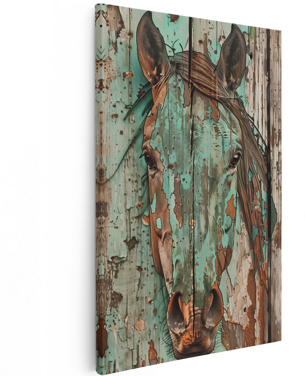 Artaza Canvas Schilderij Paardenhoofd op een Houten Muur - Dieren - 120x180 cm - Groot - Wanddecoratie Woonkamer - Schilderijen - Muurdecoratie