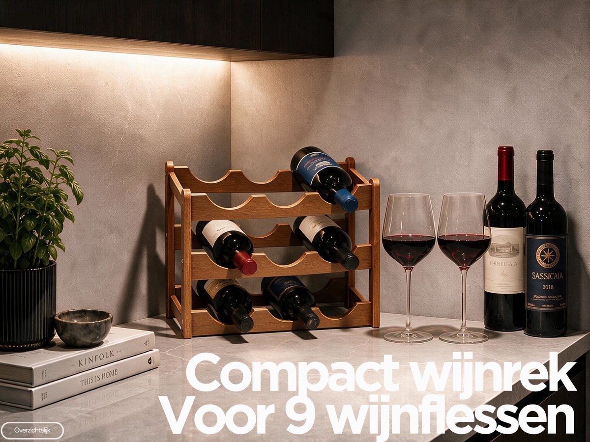 Overzichtelijk: Wijnrek 9 Flessen | Wijnhouder van Hout | Flessenrek Wijn | Wijnfleshouder | Vrijstaand Wijnrek | 33x24x25 cm — cadeau in Wonen & Interieur - foto 2