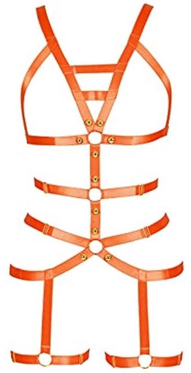 Vrouwen Punk Strap Hollow Out Body Borst Harnas en Kousenband Riemen Set voor Goth Halloween en Rave