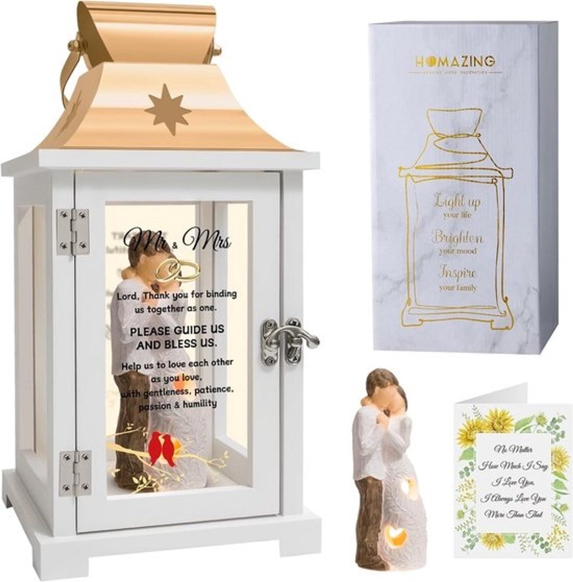 Set van 2 Mr & Mrs Houten Lantaarns met LED Kaars - Romantisch Cadeau voor Bruiloft, Jubileum en Verloving