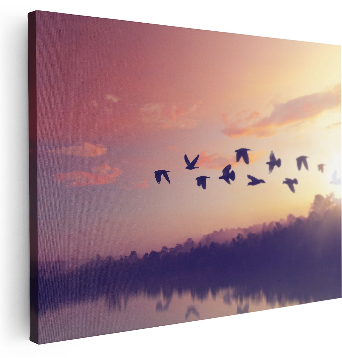 Artaza Canvas Schilderij Silhouet Vogels Tijdens Zonsondergang - 160x120 cm - Groot - Wanddecoratie Woonkamer - Schilderijen - Muurdecoratie
