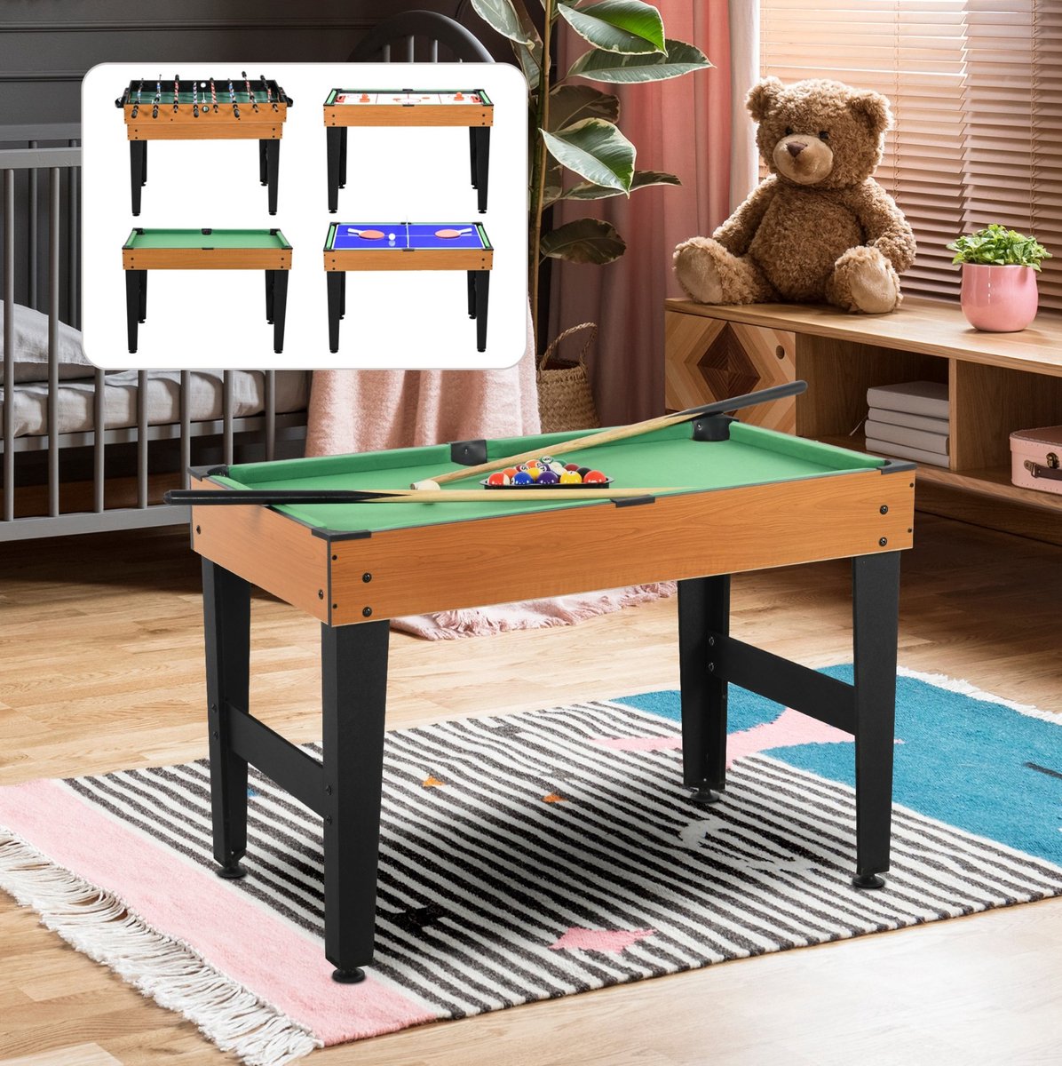 COVREO Multigame spieletafel 107 x 61 x 84,5 cm naturel hout zwart MDF 4 in 1 met accessoires