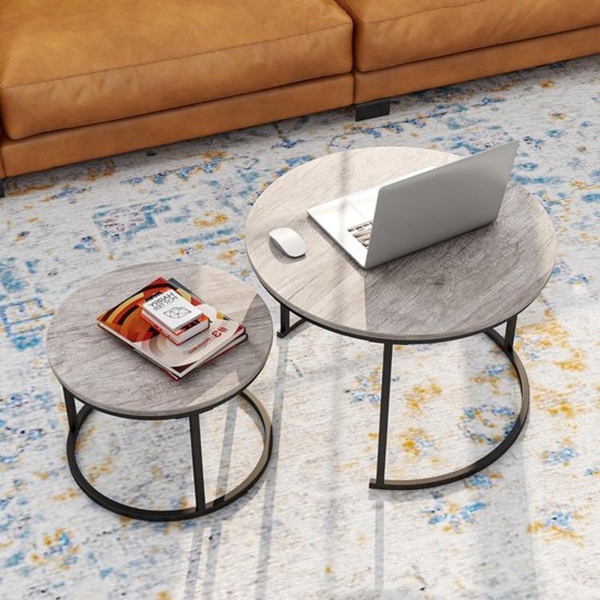 Ronde Stapelbare Salontafel met Stalen Frame voor Woonkamer en Slaapkamer – Set van 2