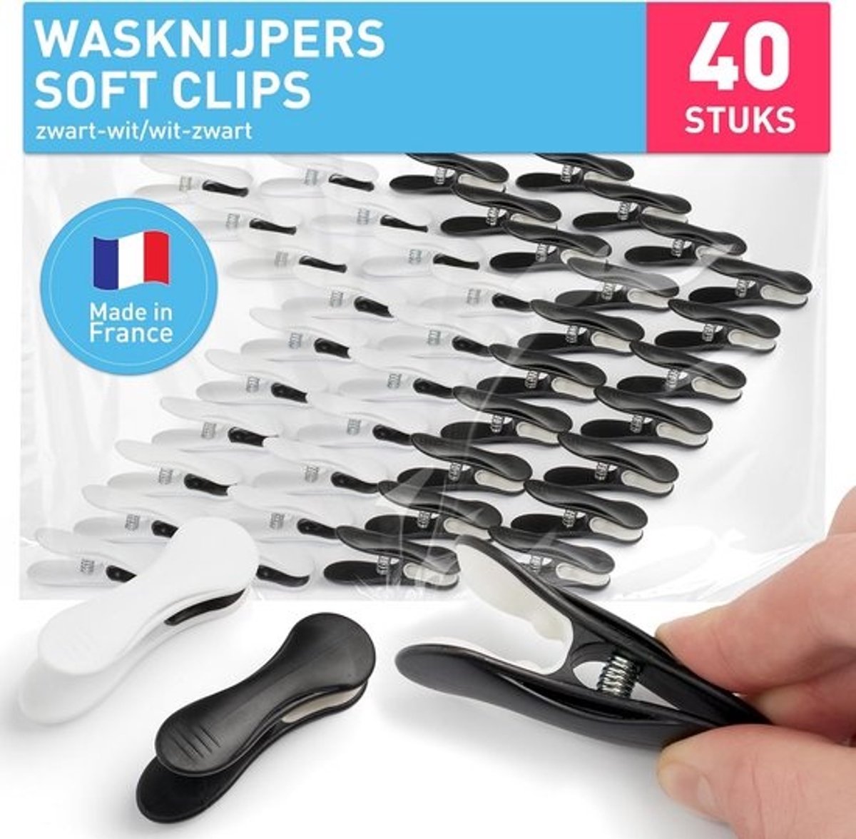 Zwarte en Witte Soft Clips Wasknijpers - 40 Stuks