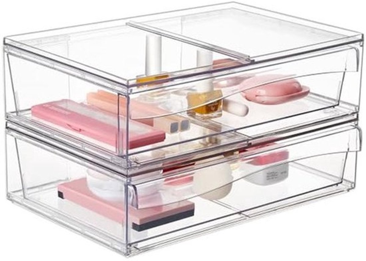Grote make-up organizer met opvouwbare lade - 2 stuks stapelbare opbergdozen voor cosmetica en kantoorbenodigdheden