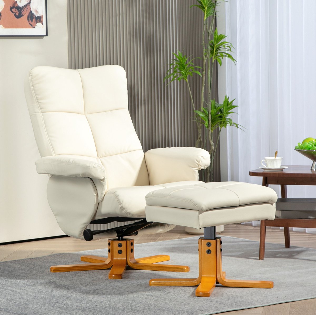COVREO Relaxfauteuil met hocker 80x86x99 cm crèmekleurig kunstleer - 360 graden draaibaar - handmatig verstelbaar