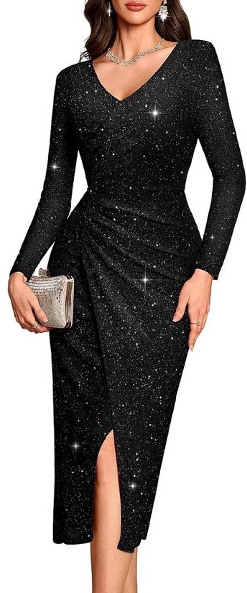 Elegante Maxi Jurk met Glitter en Split voor Dames - V-Hals en Lange Mouwen