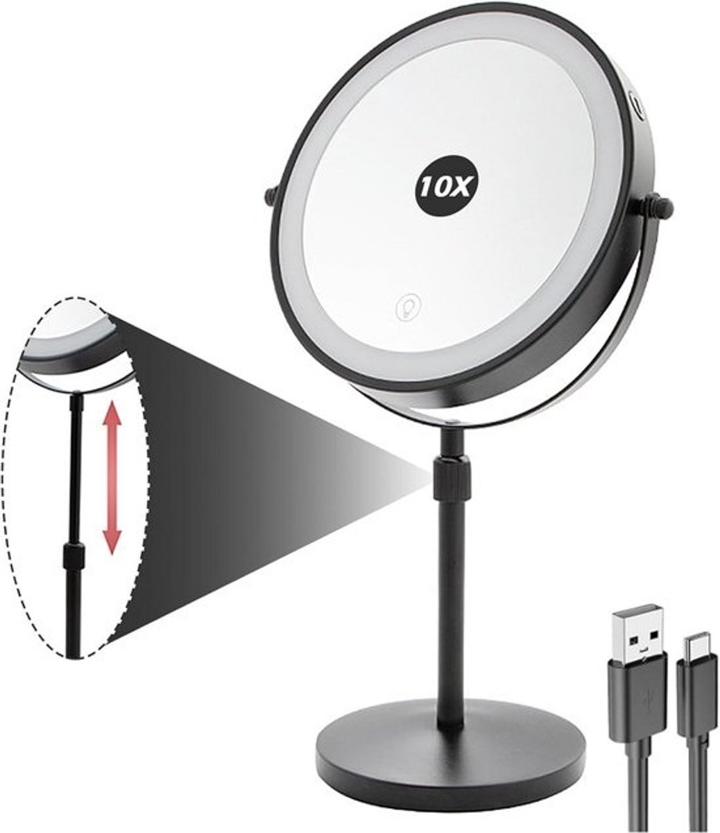 Verlichte Make-upspiegel - Cosmeticaspiegel LED - Nauwkeurig OpMaken - 10x Vergroting Dubbelzijdig - 20 cm Diameter - Zwart