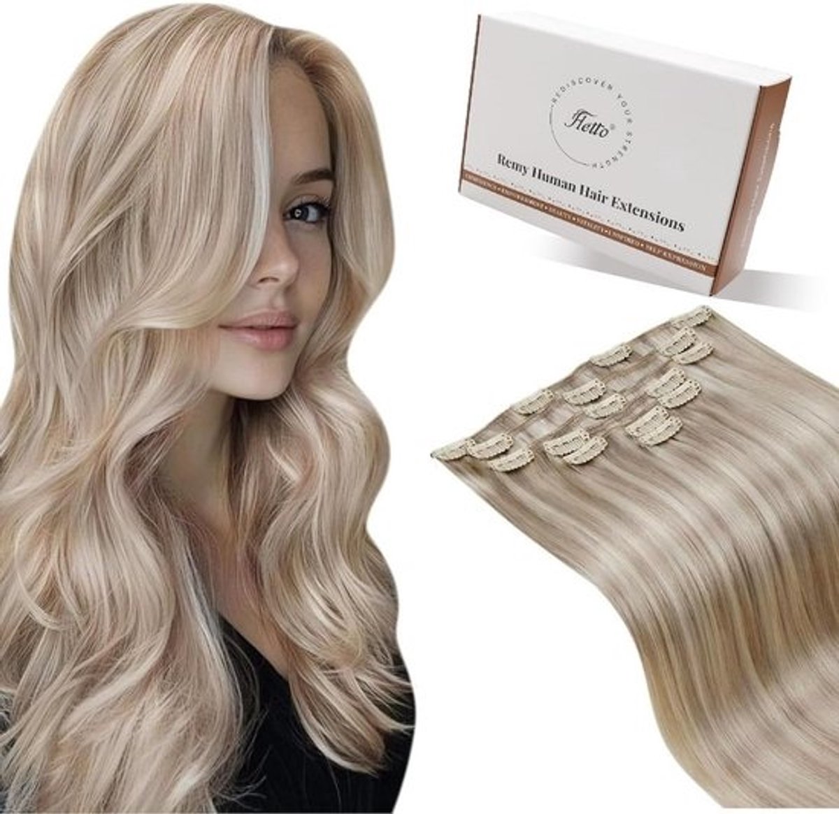 Clip-in Haarverlengingen Echt Mensenhaar 7 Delen 35cm Donkerbruin & Witblond Highlights