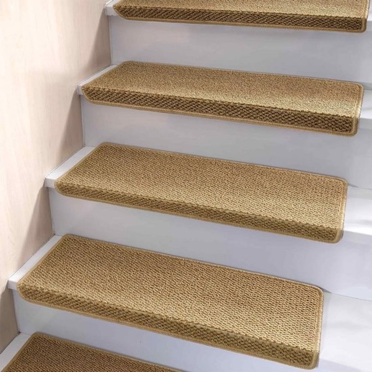 Antislip Traptreden met Neus voor Binnen, Zachte Tapijttegels voor Houten Trappen, 14 Stuks, Beige