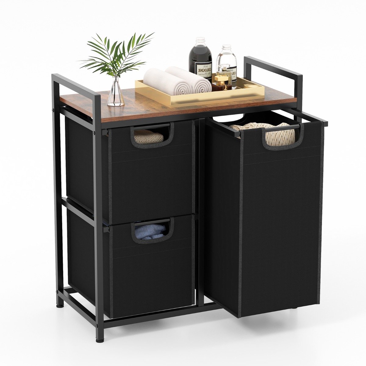 SureDeal® - Wasmand met 3 Vak - 75 L - Metalen Frame - 3 Afneembare Waszakken - 65 -5x33x72 cm - Zwart/Rustiek Bruin