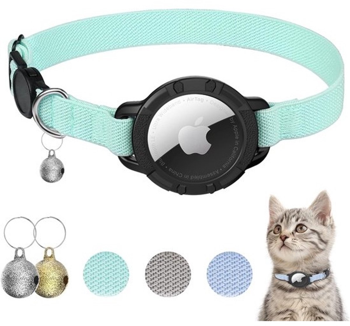 SnelShoppen - Airtag Kattenhalsband, Rekbare Kattenhalsband met Veiligheidsclip, AirTag Beschermhoes en Bel, Licht en Comfortabel, Voor Katten, Kitten