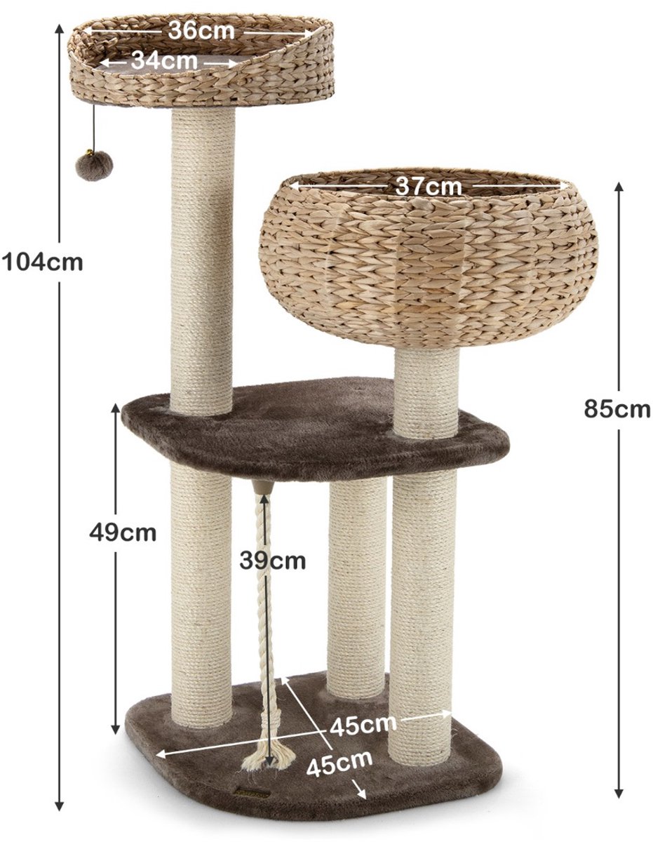 SureDeal® - Kattenboom Toren 104 cm - Indoor Katten Activiteiten Boom met Sisalpalen - Mand - Zitstokken -Speelbal - Donker Koffie