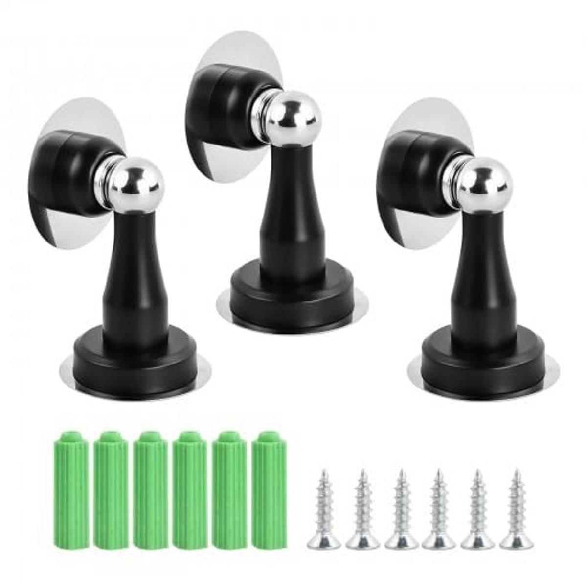 3 Stuks Magnetische Deurstopper - Van RVS met Sterke Magneet - Met Schroef en Zonder Boren voor Vloer- of Wandmontage - Zwart