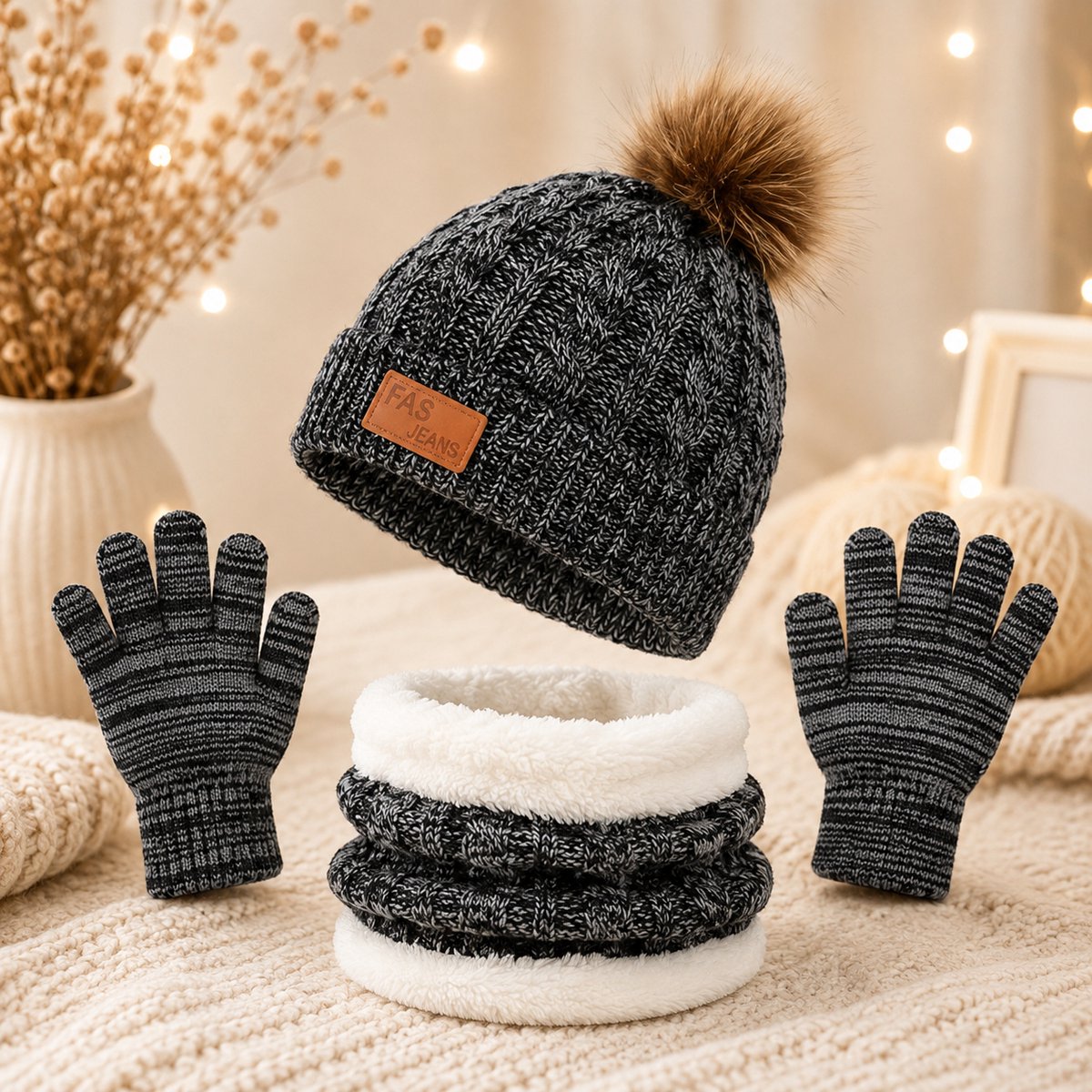 merkloos 3-in-1 kindermuts sjaal en handschoenen set meisjes gebreide wintermuts met ronde sjaal en wanten warme mutsenset voor kinderen 2-7 jaar Zwart