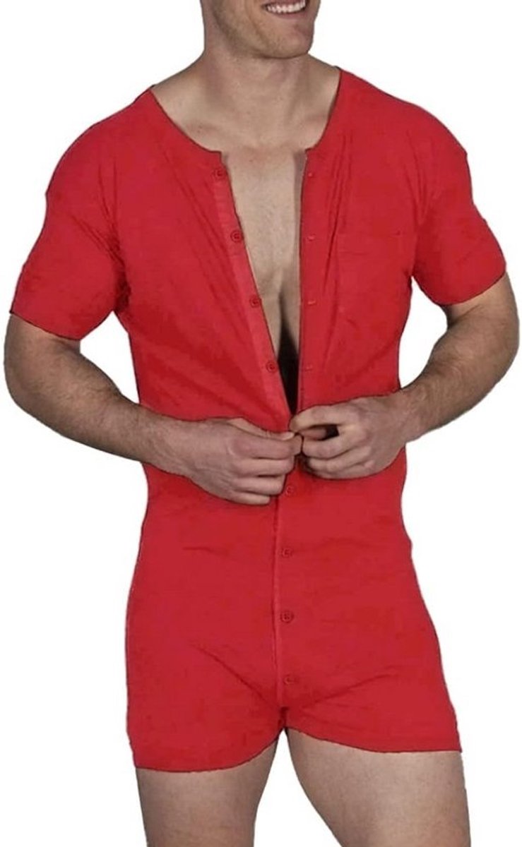Heren Onesie Jumpsuit Pyjama Korte Mouw Katoen Stretch Comfortabel Thuis