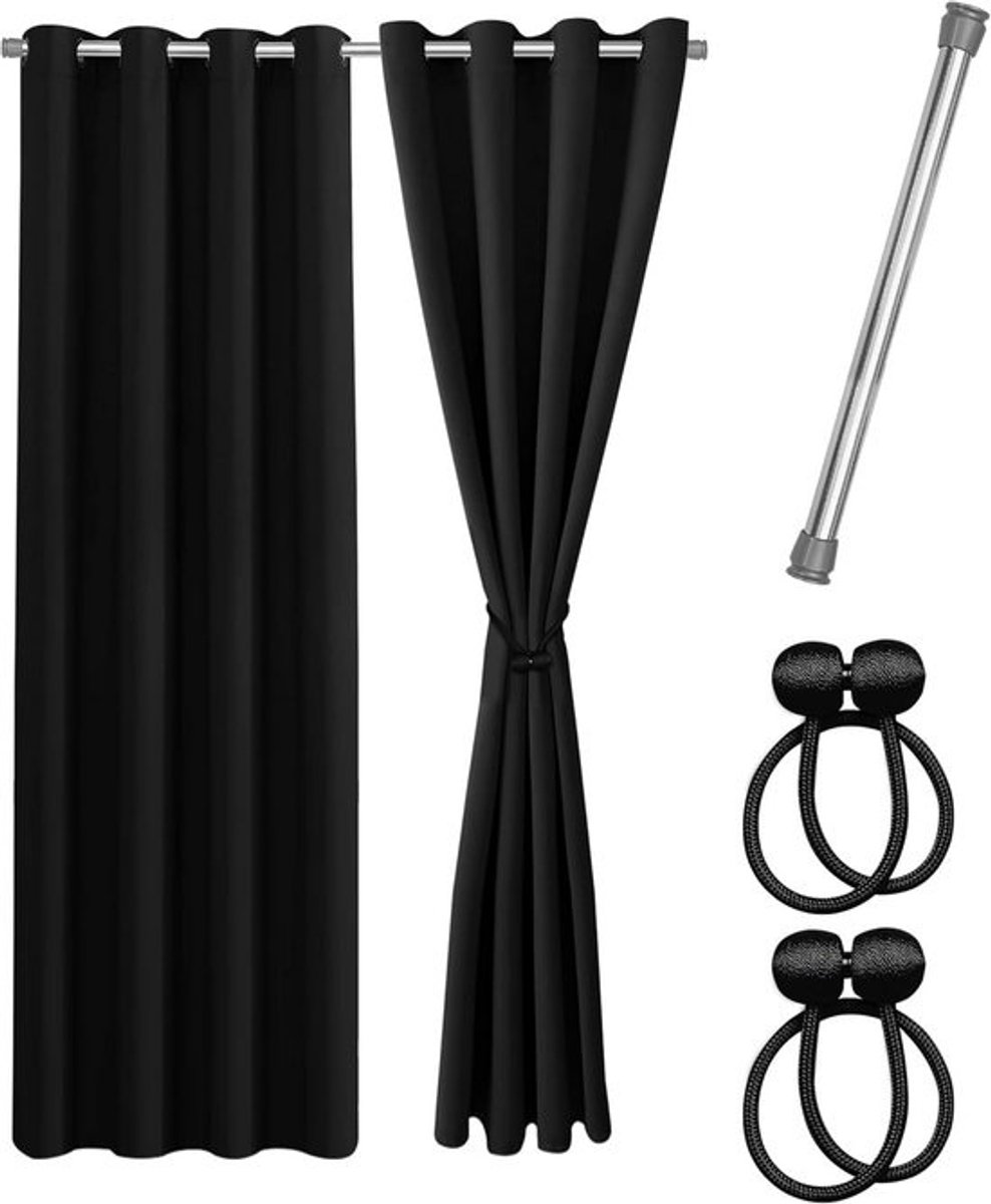 Verduisterend Gordijnset Zonder Boren: 2x Gordijn, 1x Klemroede, 2x Magneet - Zilver/Zwart, 240 cm