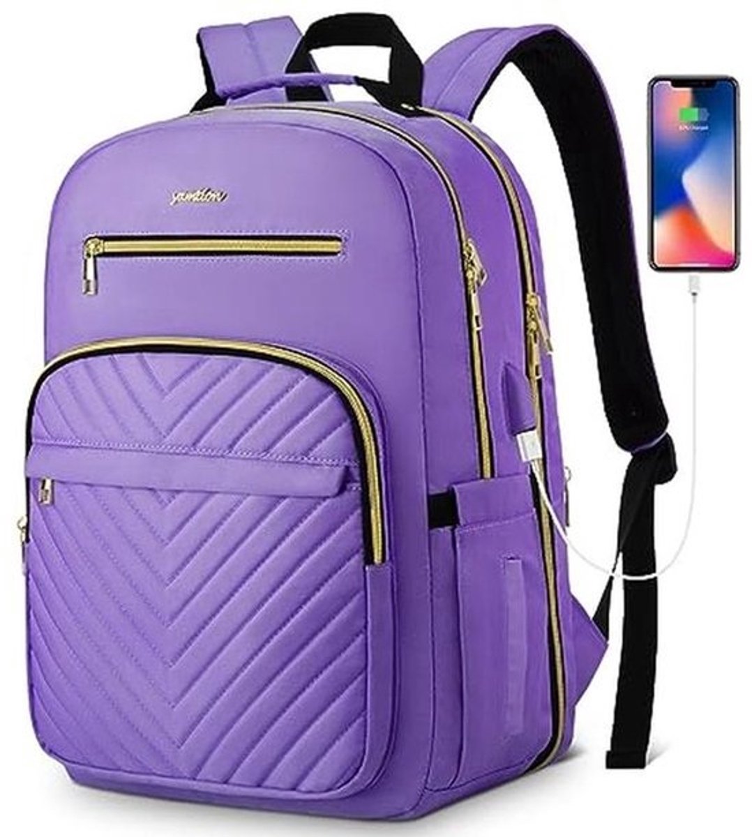 Laptoprugzak voor dames en tieners - Lichtpaars, 15,6 inch met USB-connector - Perfect voor studie, werk en dagelijks gebruik