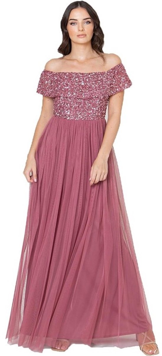 Maxi Bardot Jurk Dames met Pailletten en Tule Rok - Elegant Avondjurk voor Bruiloft en Gala