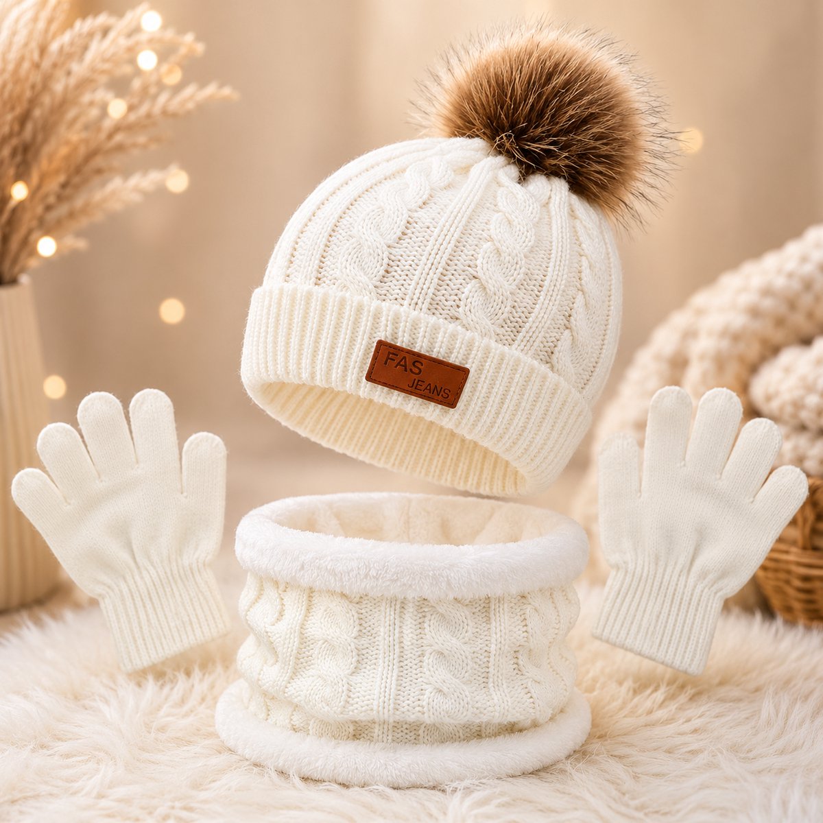 merkloos 3-in-1 kindermuts sjaal handschoenen set meisjes winter muts met pompon colsjaal en wanten kinderen 2-7 jaar Wit
