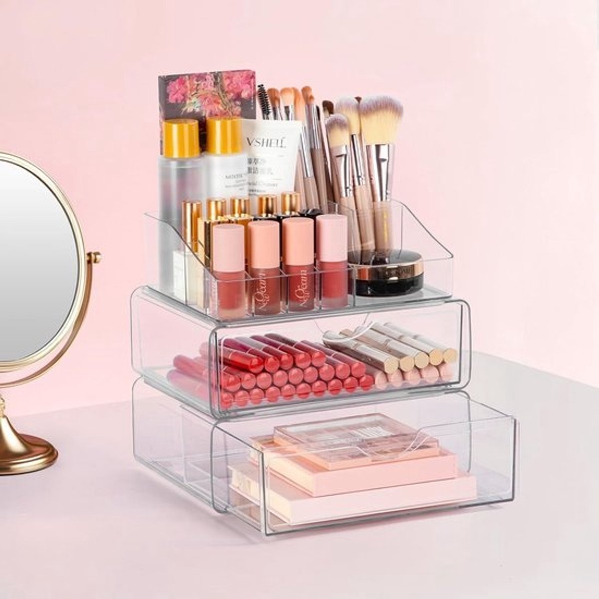 Grote Make-up Organizer met Vakken en 2 Laden, Transparant Acryl