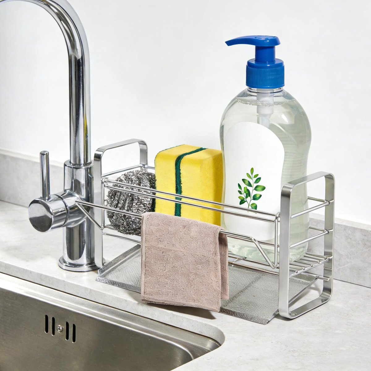 Spoelbak Organizer - RVS - Multifunctioneel - Met Afdruiprek en Vaatdoekhouder - Plaatsbesparend - Voor Keuken Aanrecht