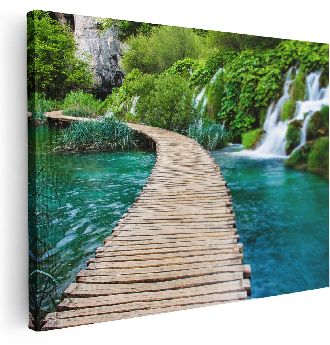 Artaza Canvas Schilderij Houten Pad Op Het Water Bij De Watervallen - 160x120 cm - Groot - Wanddecoratie Woonkamer - Schilderijen - Muurdecoratie