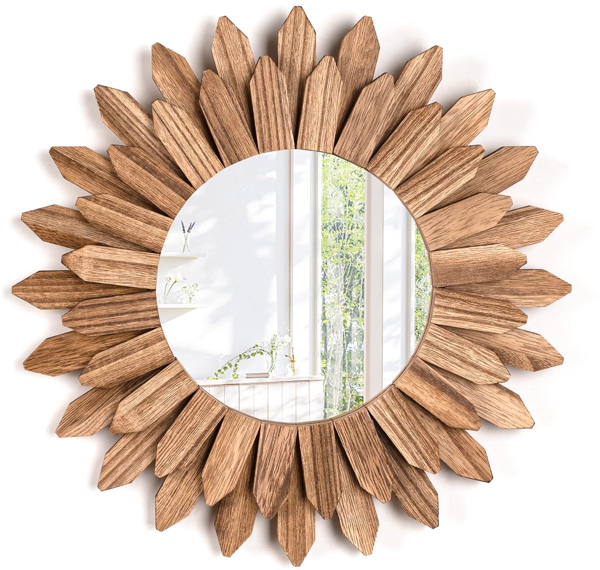 Wandspiegel - Rustiek Houten Sunburst Boho - voor Woonkamer, Slaapkamer en Hal - Rustiek Bruin, Ø 30 cm
