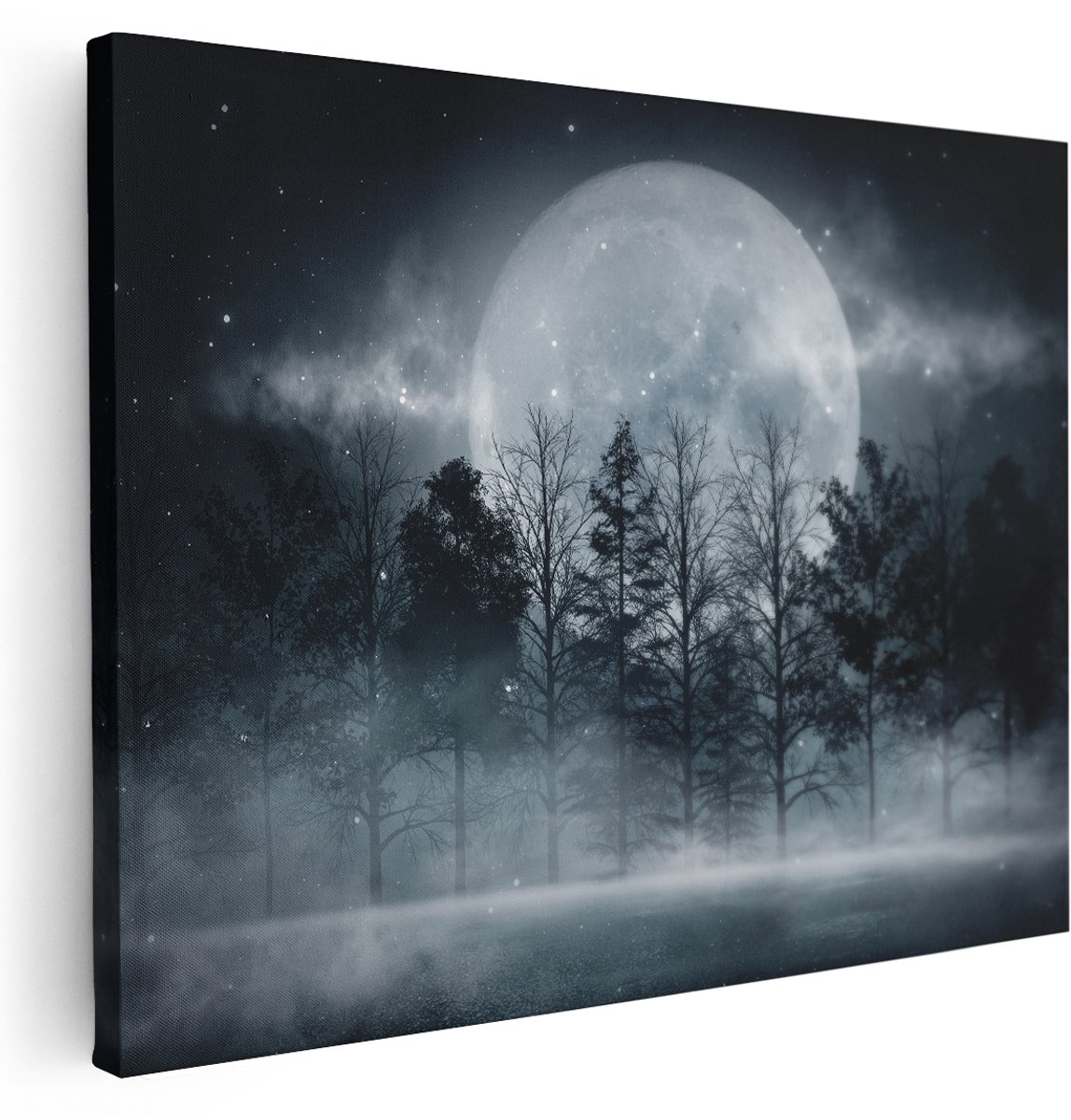 Artaza Canvas Schilderij Maan tussen de Bomen in de Nacht - 160x120 cm - Groot - Wanddecoratie Woonkamer - Schilderijen - Muurdecoratie