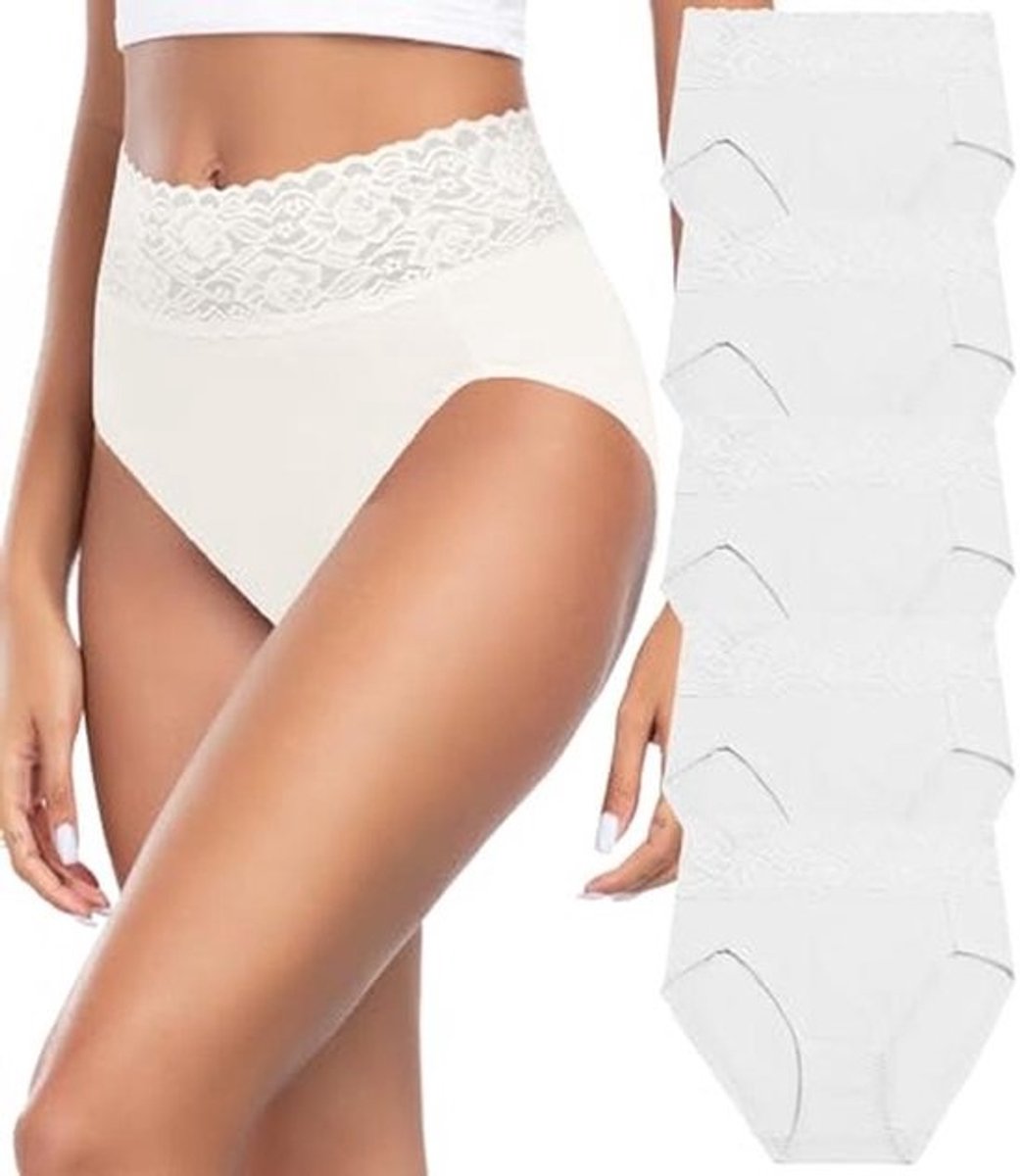 Hoge Taille Dames Onderbroeken - Katoenen Slip met Kant - Verpakking van 5 Stuks