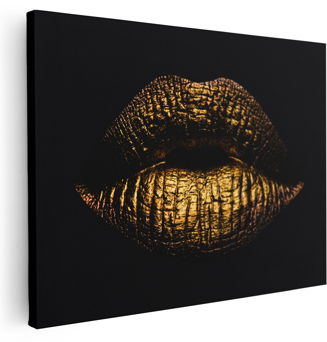 Artaza Canvas Schilderij Gouden Lippen - 160x120 cm - Groot - Wanddecoratie Woonkamer - Schilderijen - Muurdecoratie