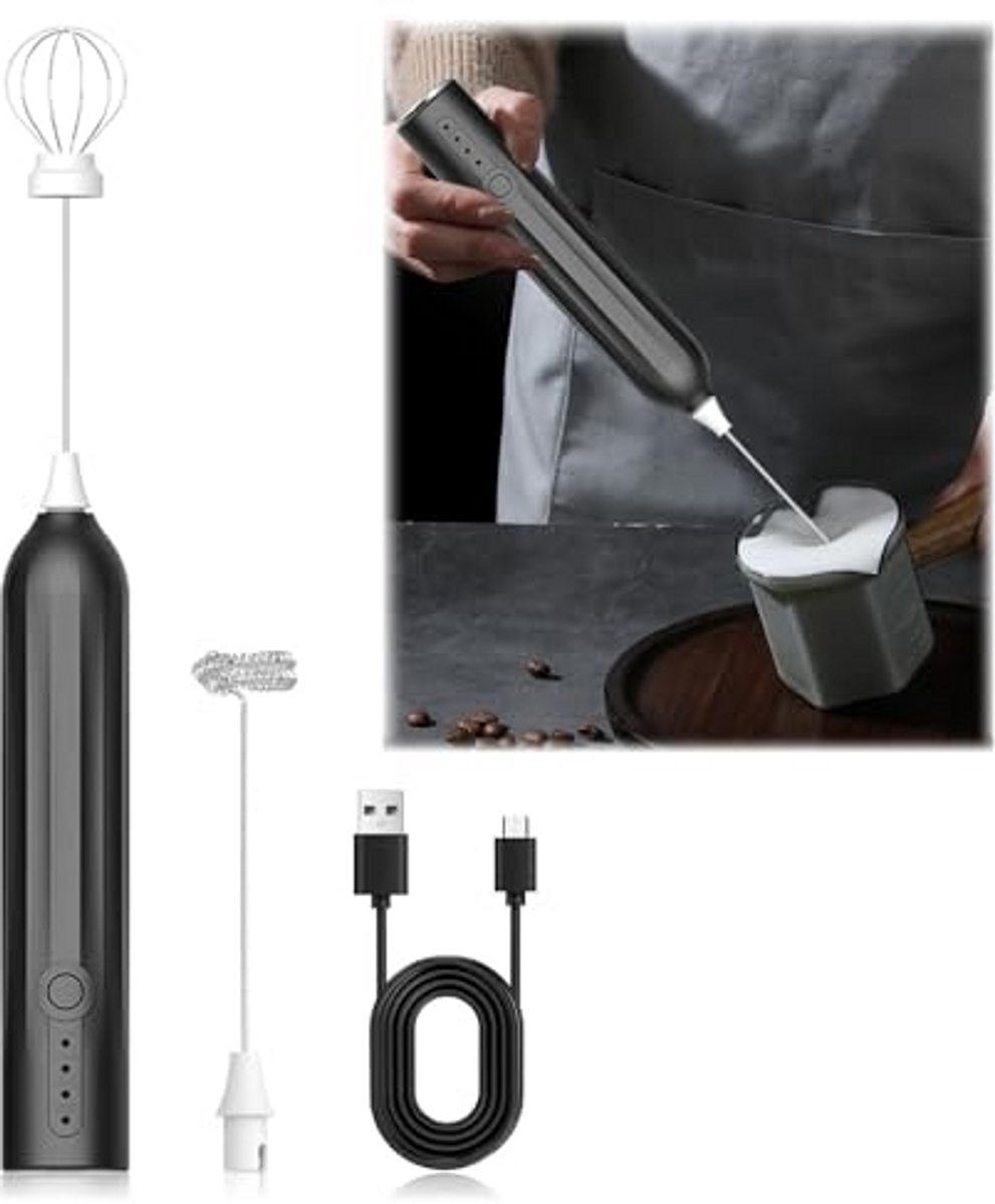 Elektrische Melkopschuimer met 2 Bekers, USB Oplaadbaar, 3 Snelheden, Handmixer voor Koffie, Latte en Cappuccino