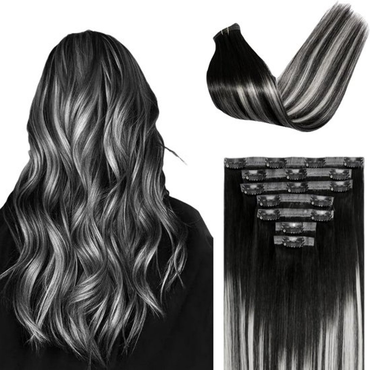 Clip-in Haarverlenging 55 cm Echt Haar Ombre Zwart naar Grijs Dunner Wordend Set