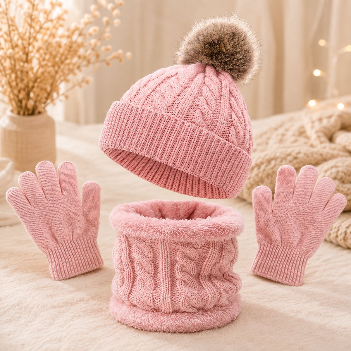 Gebreide kindermuts set - 3-delig met muts, sjaal en handschoenen - Winteraccessoires voor meisjes en jongens - Warme gebreide set met kabelpatroon en pluche voering
