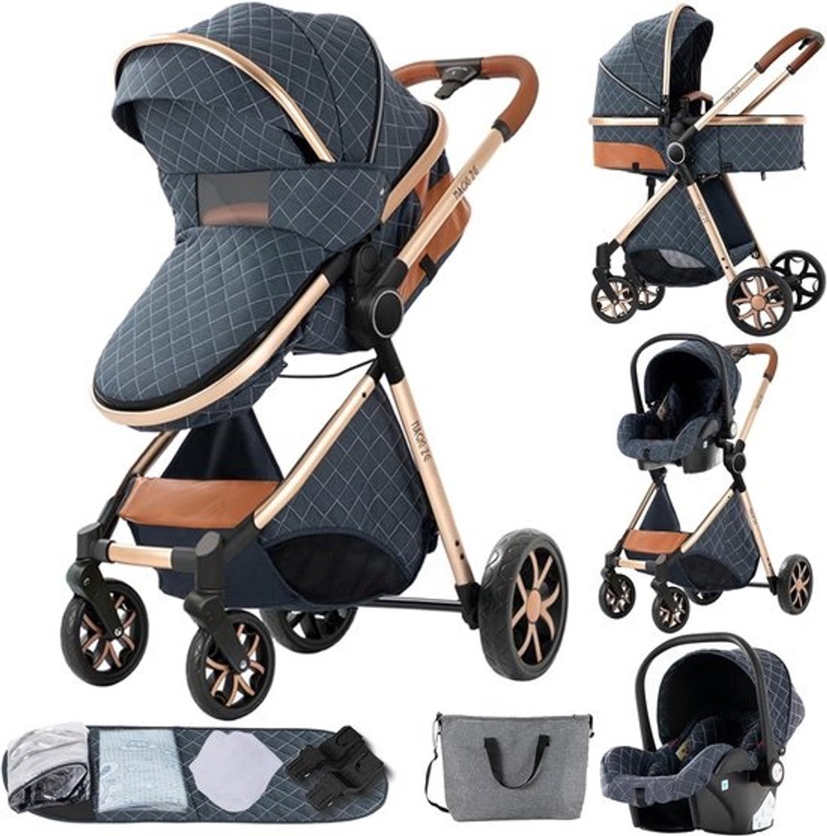 3-in-1 Kinderwagen met Omkeerbare Dubbele Schuifmodus - Comfortabele Buggy met Groot Babybadje - Opvouwbare Combikinderwagen met Aluminiumlegering en Hoog Landschap
