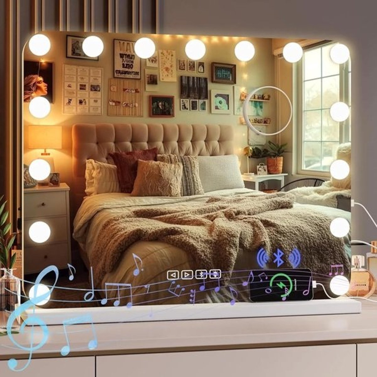 Make-up Spiegel met Bluetooth & Verlichting - Dimbare LED Hollywood Spiegel 58x46 cm
