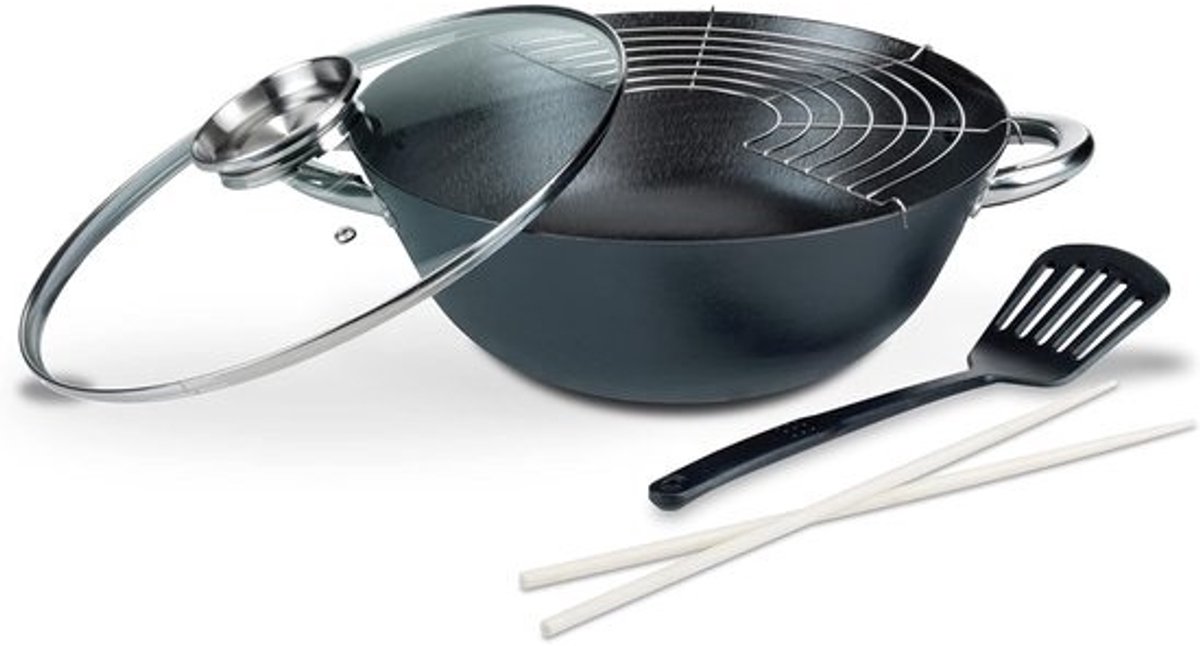 Professionele Multifunctionele Gietijzeren Wok met Glazen Deksel - 32 cm, 5-delig, 6,2 Liter
