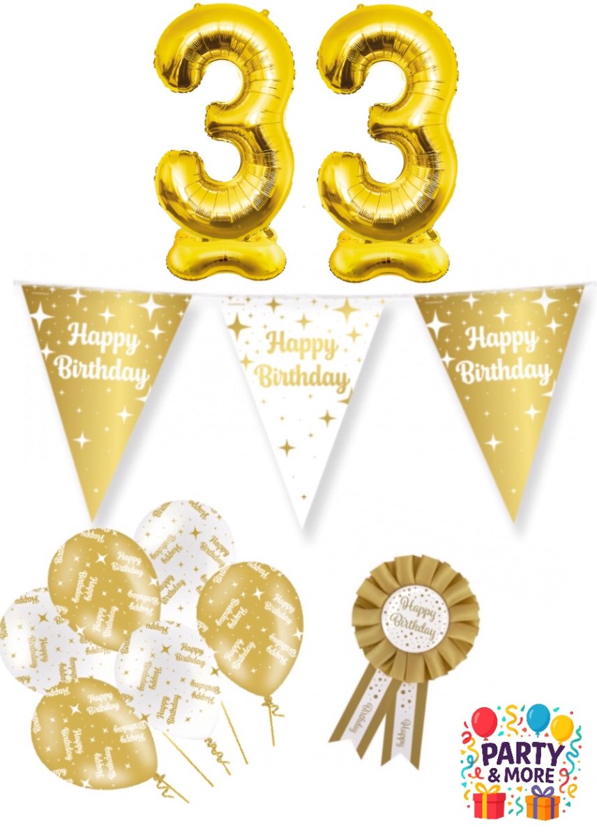 Party & More - 33 jaar - verjaardag versiering - ballonnen - slinger - cijferballon - Luxe Gouden Feestdecoratie Set – Compleet Pakket – versiering - verjaardag